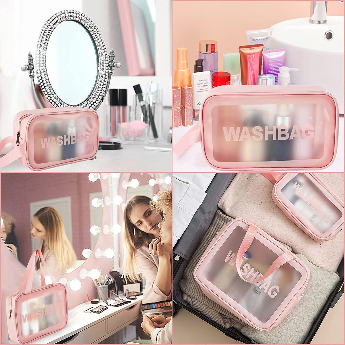 deevudi Clear Toiletry Bag, Wash Make Up Bag PVC Waterproof Zippered Cosmetic Bag, Portable Carry Pouch for Women Men (Set of 3 Bag Black)